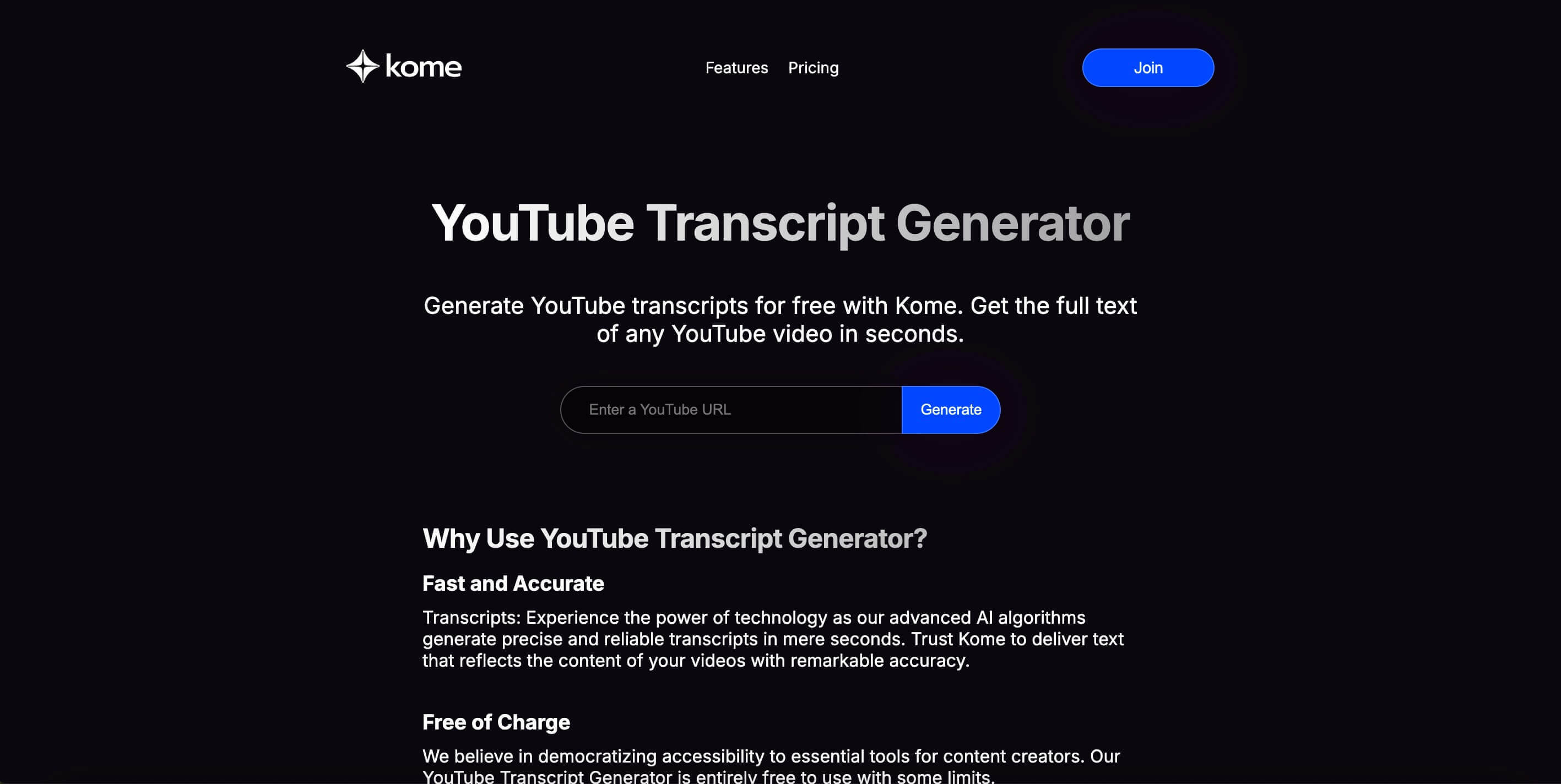 Kome YouTube Transcript Generator Preview